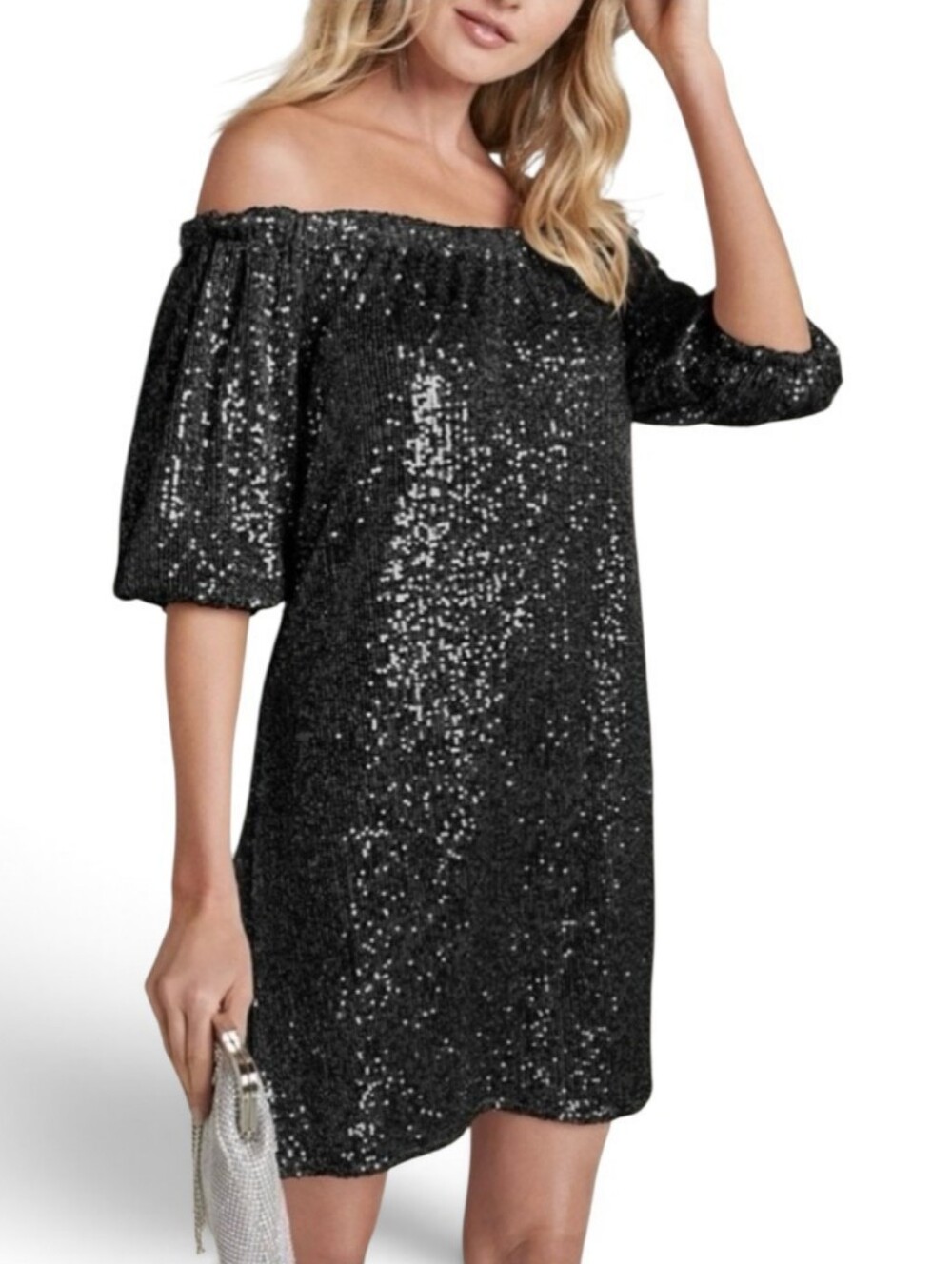 Venus Sequin Off The Shoulder Puff Sleeve Midi Dress Black New With Tags Size L